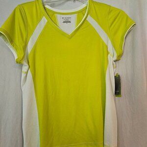 Tek Gear Womenโs Large Neon Yellow Sporty V-Neck Shortโ Sleeve Top Shirt NWT